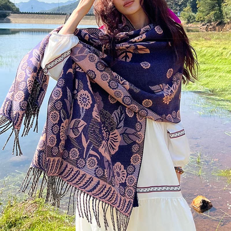 Buddha Stones Jacquard Ethnic Paisley Plants Pattern Tassel Soft Thermal Scarf Shawl