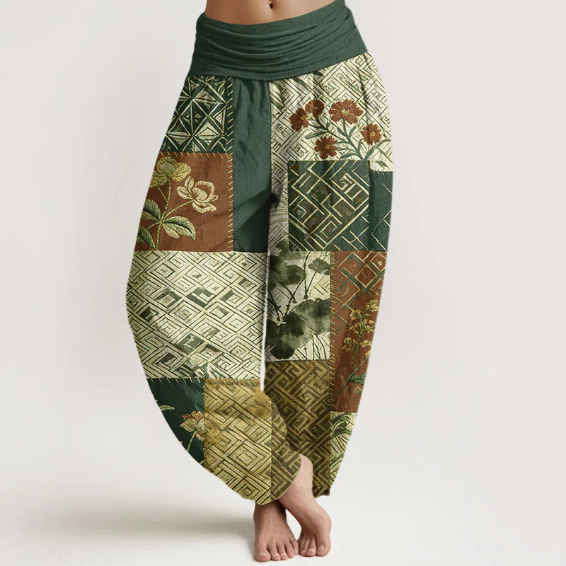 Buddha Stones Cotton Color Blocking Design Flower Geometry Pattern Women's Elastic Waist Harem Pants