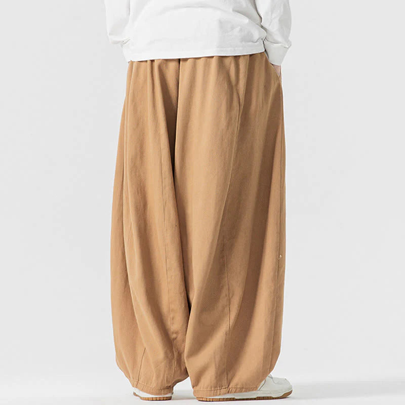 Buddha Stones Winter Commute Plain Drawstring Design Men's Wide Leg Cotton Pants With Pockets