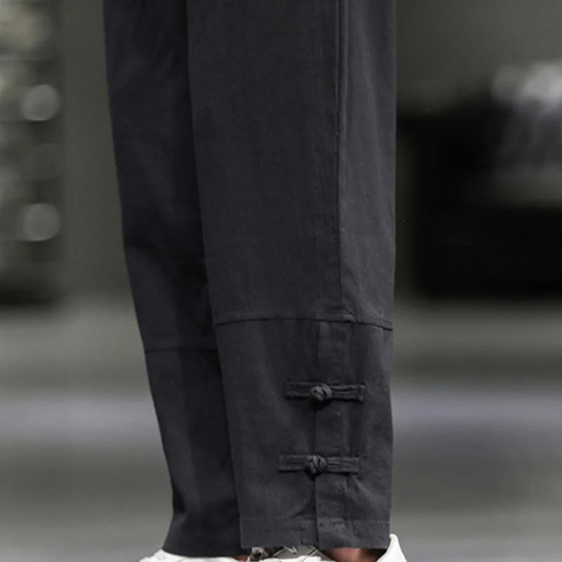 Buddha Stones Drawstring Elastic Waist Frog-Button Ankle-Length Men's Cotton Pants With Pockets