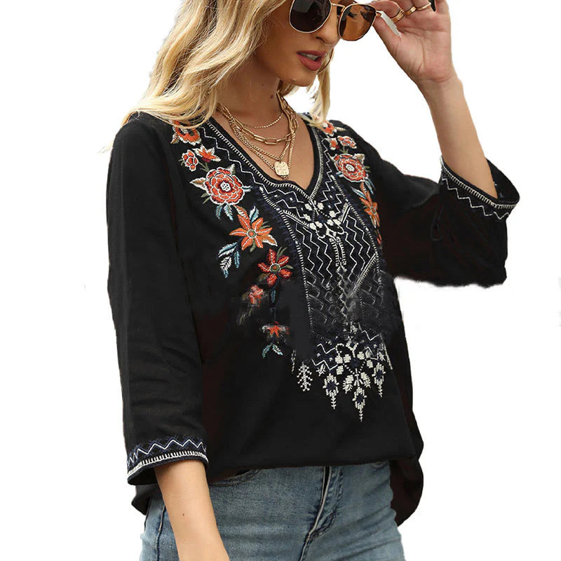 Buddha Stones Spring Casual Plain Embroidery Floral Pattern Design Three Quarter Sleeve V-neck Women's T-Shirt