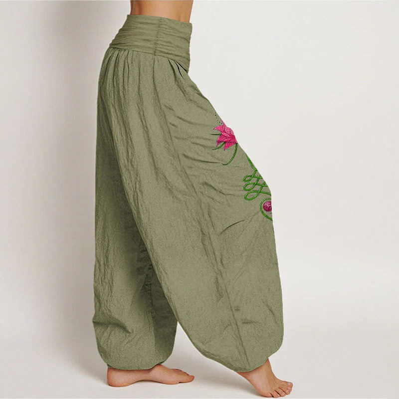 Buddha Stones Pure Cotton Strong Color Contrast Lotus Flower Pattern Women's Elastic Waist Harem Pants