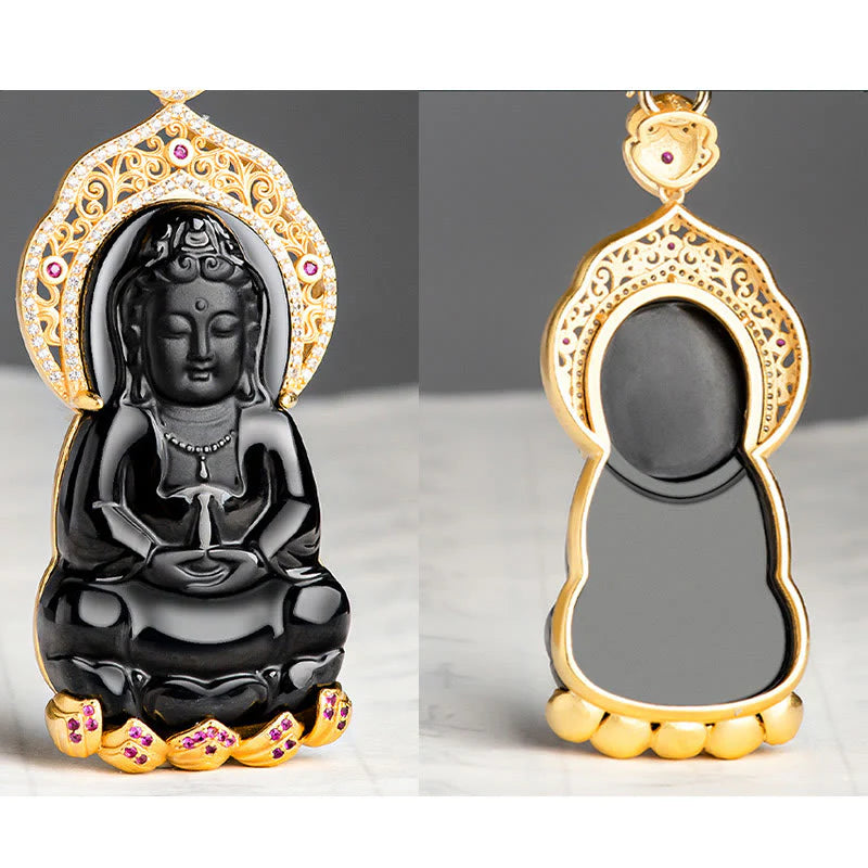 Buddha Stones Natural Black Jade Kwan Yin Avalokitesvara Wealth Titanium Steel Chain Necklace Pendant
