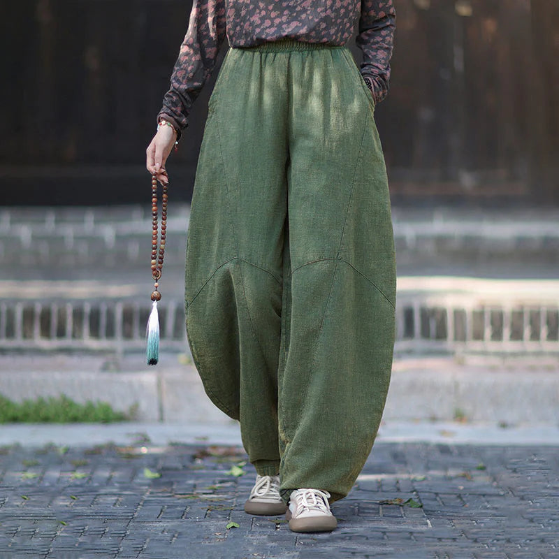Buddha Stones Winter Elastic Waist Ramie Cotton Thermal Women's Pants With Pockets