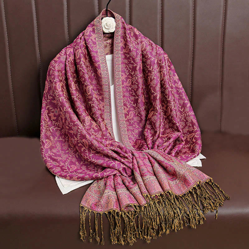 Buddha Stones Tibetan Jacquard Paisley Flower Pattern Color Contrast Design Tassel Cozy Scarf Shawl