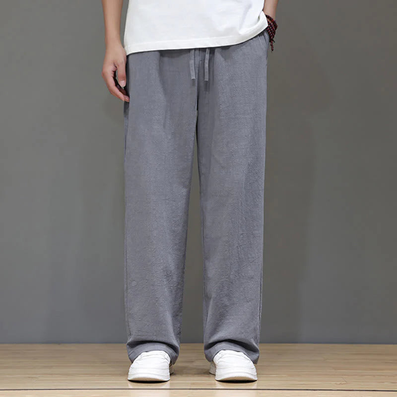 Buddha Stones Summer Men's Cotton Linen Straight Leg Pants With Pockets