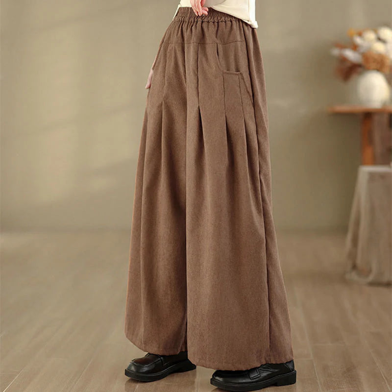 Buddha Stones Spring Plain Brown Corduroy Women's Wide Leg Pants With Pockets