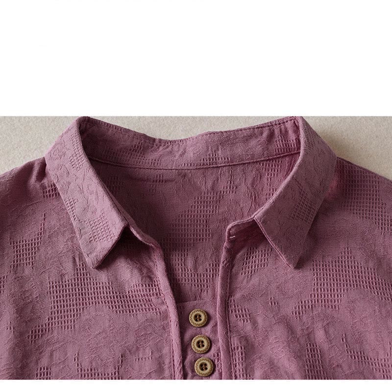 Buddha Stones Casual Floral Pattern Lapel Women's Cotton T-shirt