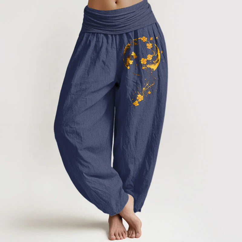 Buddha Stones Pure Cotton Brightly Colored Moon Flower Vine Pattern Women's Elastic Waist Harem Pants