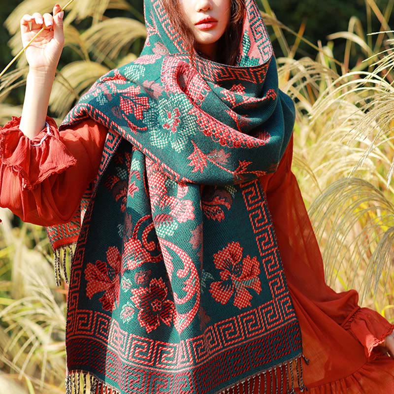 Buddha Stones Jacquard Ethnic Paisley Plants Pattern Tassel Soft Thermal Scarf Shawl