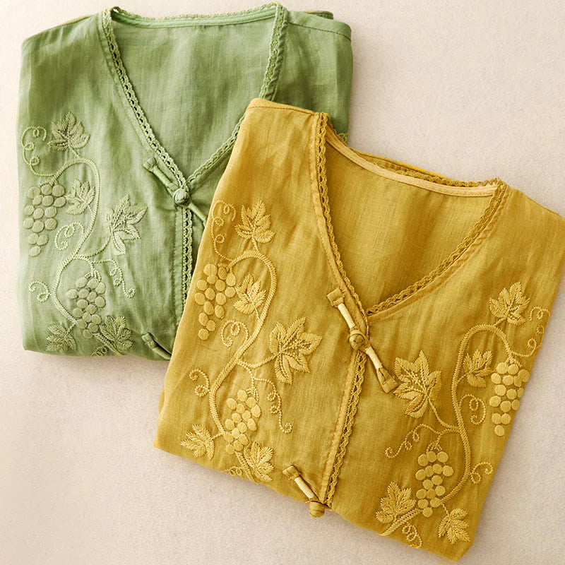 Buddha Stones Embroidered Grapes Pattern Lace Design Frog-Button Three Quarter Sleeve Women's Cotton Shirt