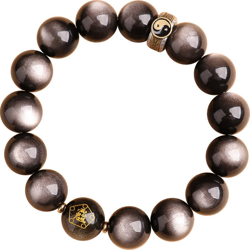 Buddha Stones 925 Sterling Silver Black Obsidian Gold Sheen Obsidian Silver Sheen Obsidian Yin Yang Protection Bracelet (Extra 35% Off | USE CODE: FS35)