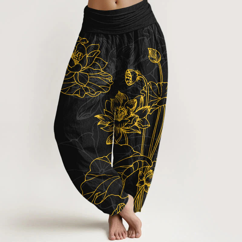 Buddha Stones Pure Cotton Concise Lotus Flower Leaf Pod Bud Pattern Women's Elastic Waist Harem Pants