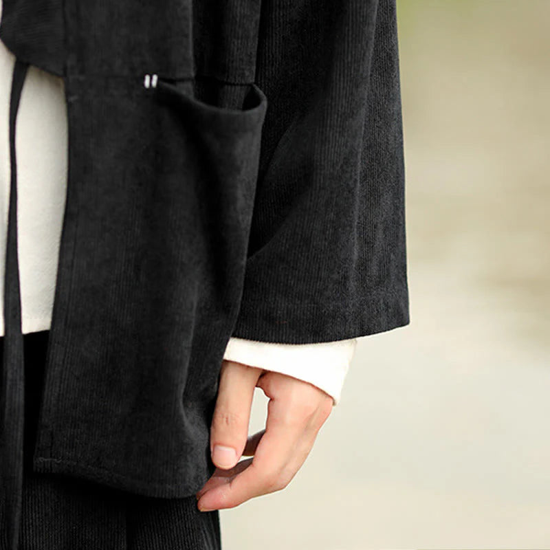 Buddha Stones Solid Color Open Front Long Sleeve Jacket Men's Cotton Corduroy Kimono With Pockets