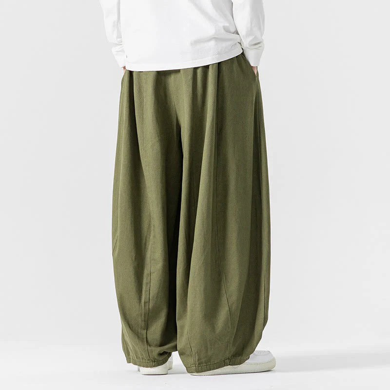 Buddha Stones Winter Commute Plain Drawstring Design Men's Wide Leg Cotton Pants With Pockets