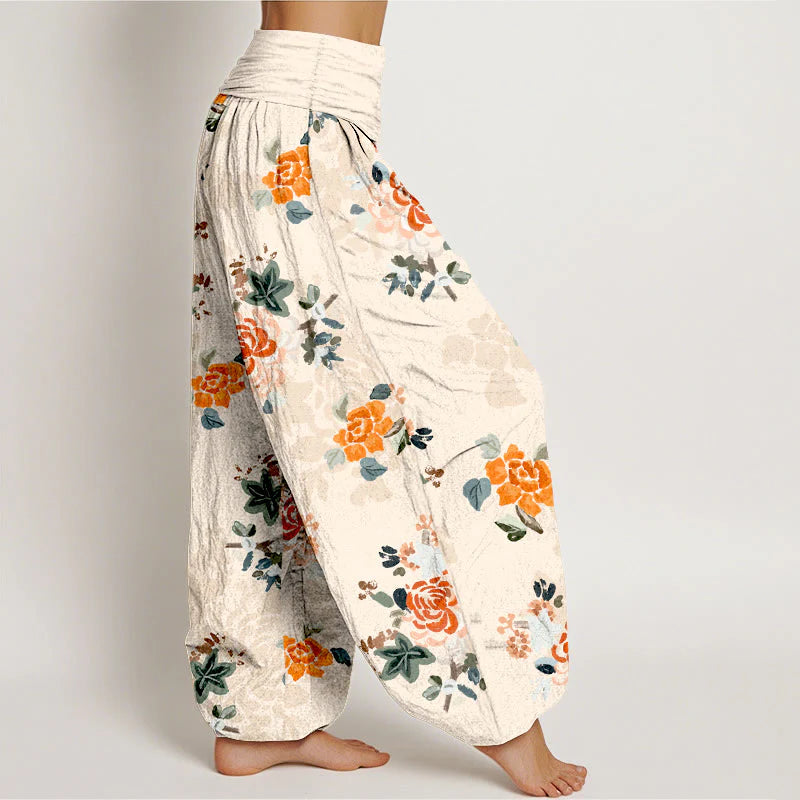 Buddha Stones Pure Cotton Vibrant Color Flowers Leaves Pattern Women's Elastic Waist Harem Pants
