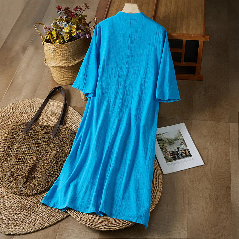 Buddha Stones Vintage Embroidery Frog-button Half Sleeve High Waist Cotton Linen Women's Midi Dress