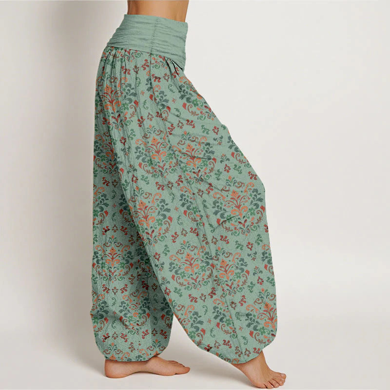 Buddha Stones Pure Cotton Retro Symmetrical Flower Leaf Pattern Women's Elastic Waist Harem Pants