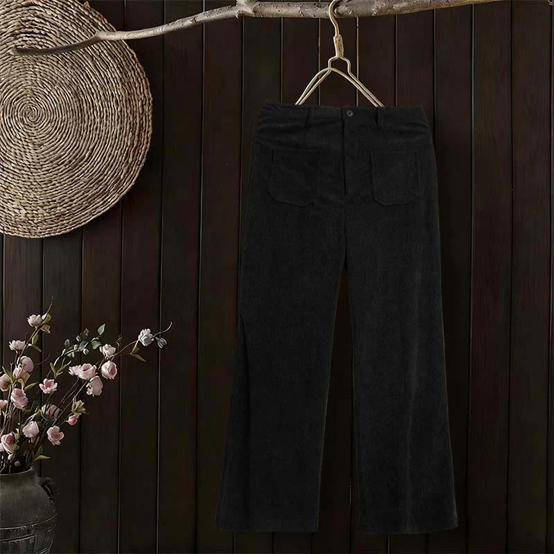 Buddha Stones Plain Corduroy Polyester Women's Buttons Wide Leg Pants With Pockets