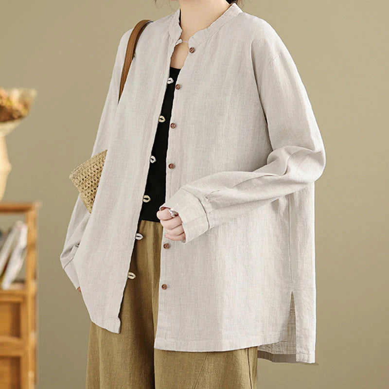 Buddha Stones Solid Color Front Buttons Design Long Sleeve Women's Cotton Linen Shirt