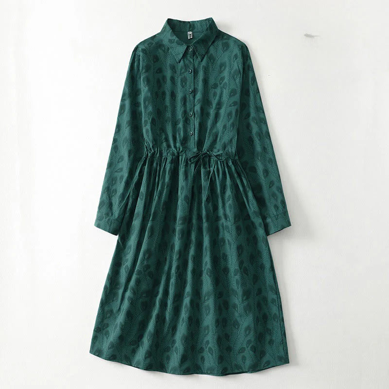 Buddha Stones Spring Grass Vines Print Buttons Design Long Sleeve Midi Dress With Pockets