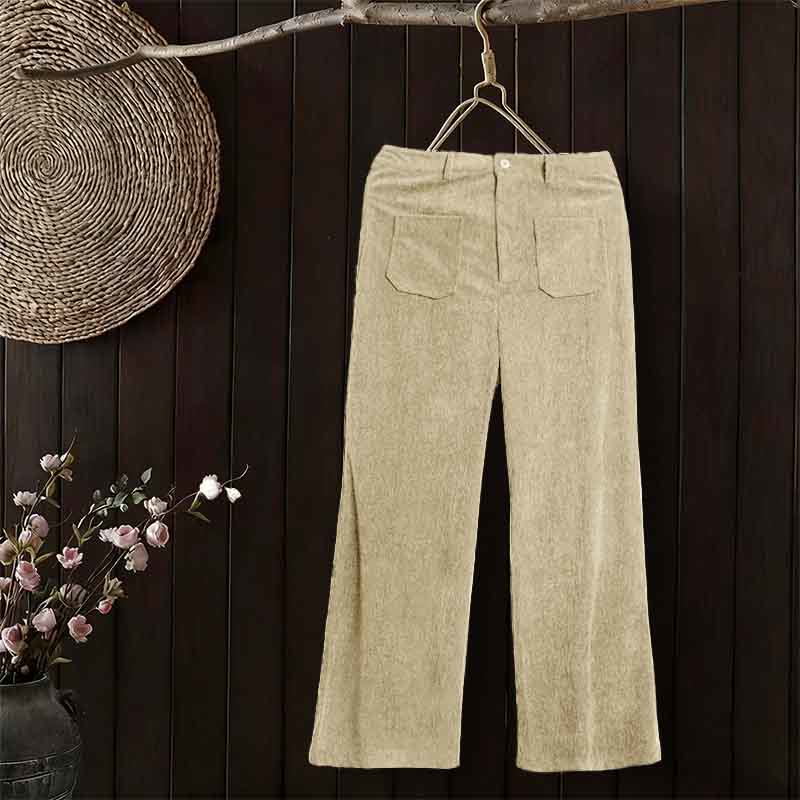 Buddha Stones Plain Corduroy Polyester Women's Buttons Wide Leg Pants With Pockets