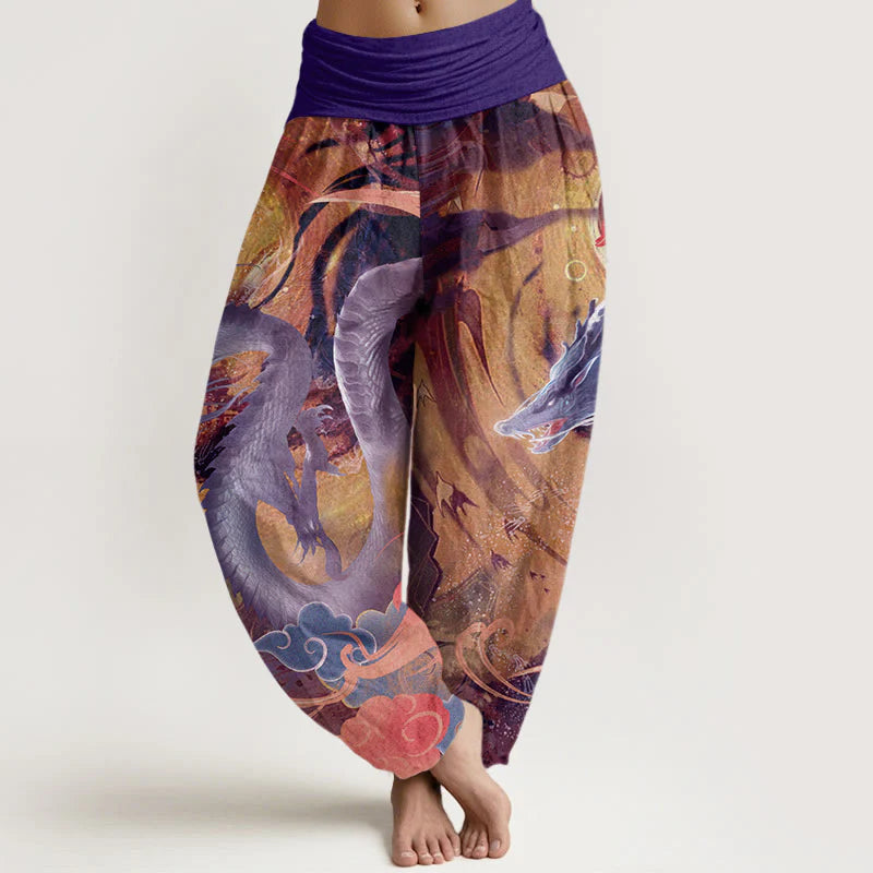 Buddha Stones Pure Cotton Dragon Auspicious Clouds Pattern Women's Elastic Waist Harem Pants