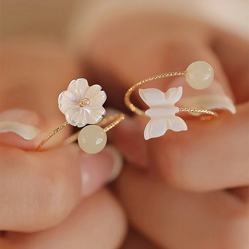 Buddha Stones 14k Gold Plated Round Hetian Jade Tridacna Stone Peach Blossom Flower Butterfly Prosperity Adjustable Ring (Extra 35% Off | USE CODE: FS35)