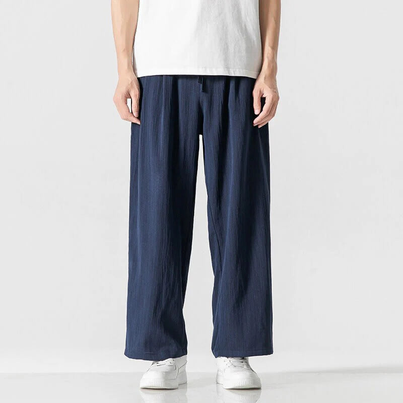 Buddha Stones Summer Casual Plain Straight Leg Design Men's Cotton Linen Drawstring Pants With Pockets
