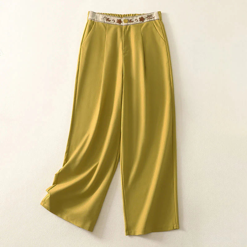Buddha Stones Women's Embroidery Elastic Waistband Zipper Design Cotton Wide Leg Pants With Pockets