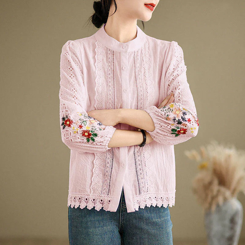 Buddha Stones Fall Lace Embroidery Flower Leaf Pattern Stand Collar Buttons Women's Long Sleeve Shirt