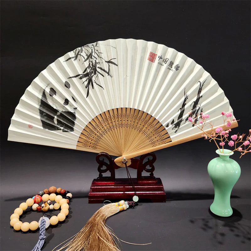 Buddha Stones A Panorama Of Rivers And Mountains Cranes Orchid Flower Paper Bamboo Handheld Silk Bamboo Folding Fan 22cm