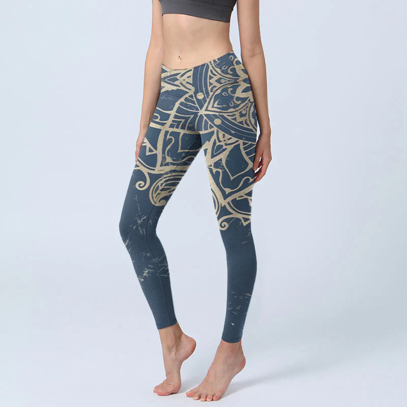 Buddha Stones Retro Mandala Pattern Print Gym Leggings Women's Yoga Pants