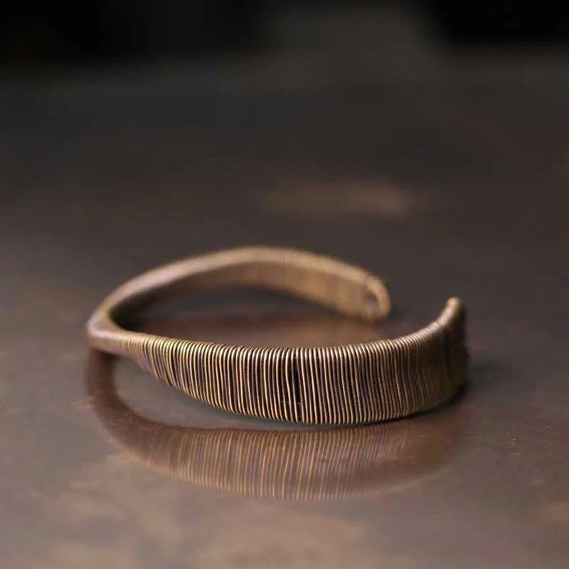 Buddha Stones Simple Design Wrapped Brass Copper Luck Wealth Adjustable Cuff Bracelet
