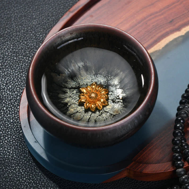 Buddha Stones 24K Gold Inlaid Sunflower Chinese Jianzhan Glaze Kiln Change Ceramic Teacup Tenmoku Kung Fu Tea Cup (Extra 35% Off | USE CODE: FS35)