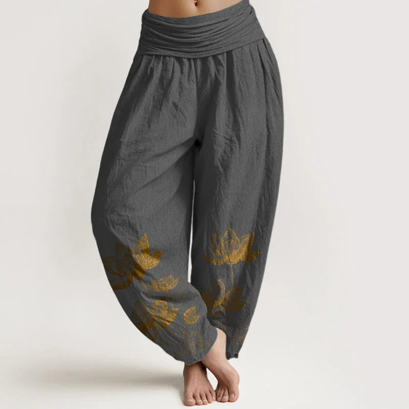 Buddha Stones Pure Cotton Line Drawing Lotus Flower Pattern Women's Elastic Waist Harem Pants