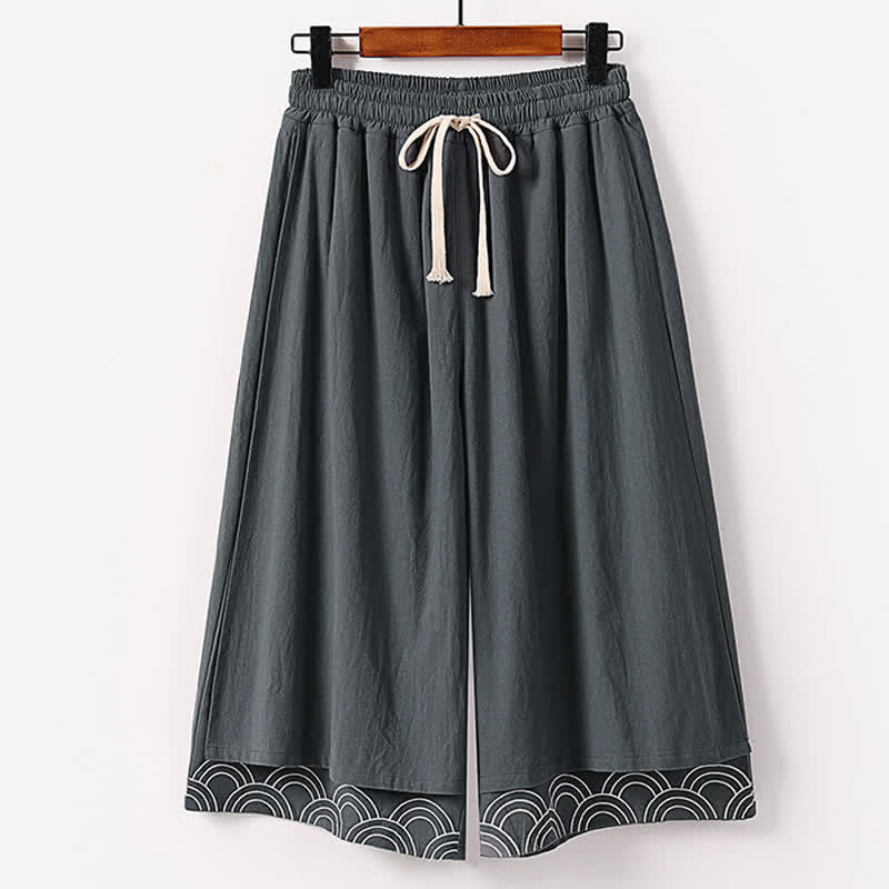 Buddha Stones Summer Embroidery Capri Length Cotton Linen Men's Wide Leg Pants With Pockets