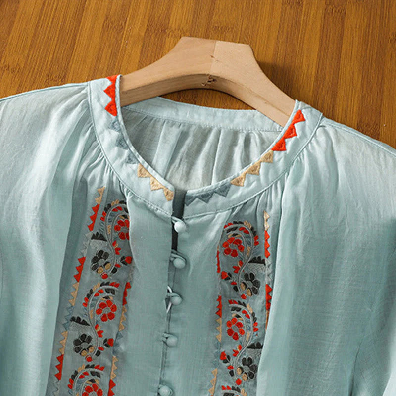 Buddha Stones Vintage Embroidery Single Row Multi-Button Placket Design Women's Cotton Linen Long Lantern Sleeve Shirt