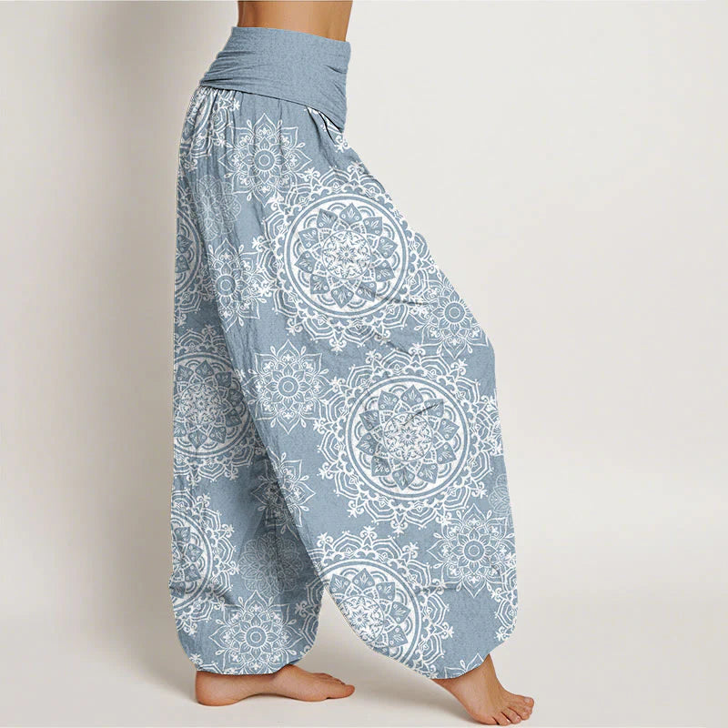 Buddha Stones Cotton Casual White Mandala Flower Design Women's Elastic Waist Harem Pants