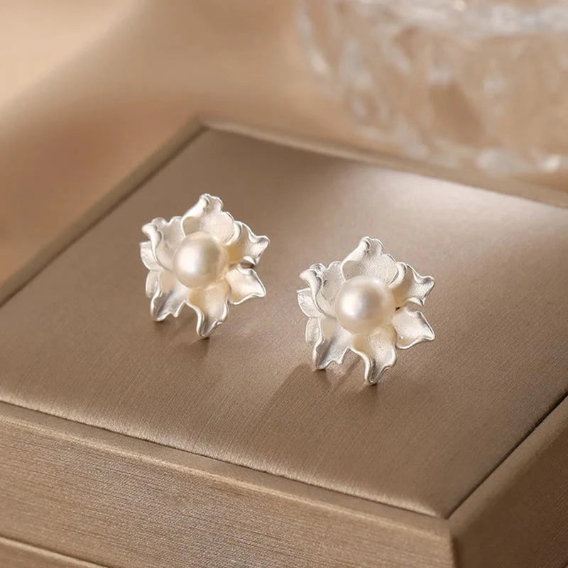 Buddha Stones Natural Pearl Copper Flower Healing Stud Earrings