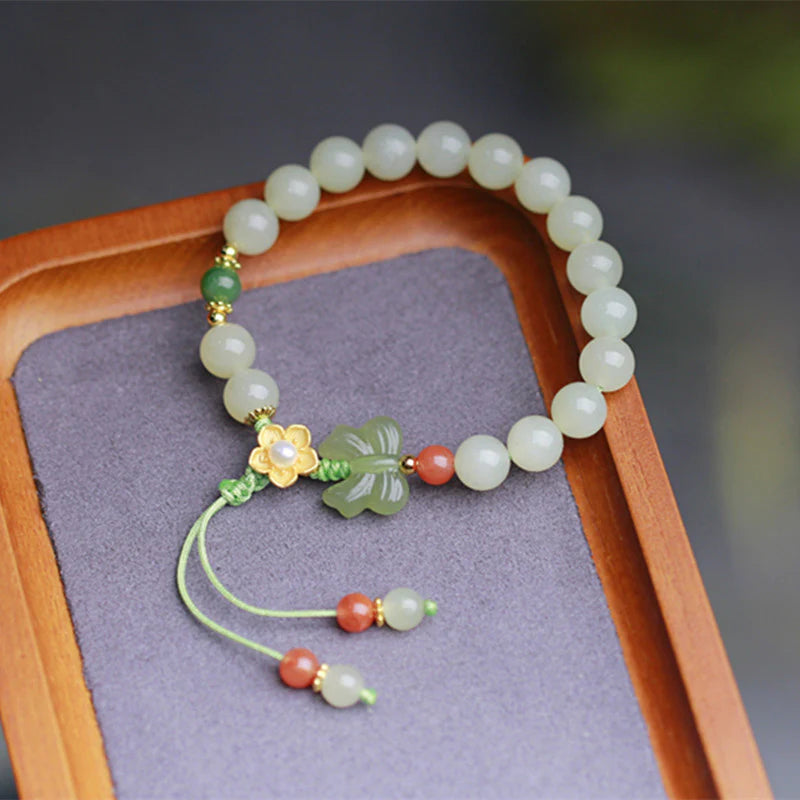 Buddha Stones 925 Sterling Silver Jade Luck Flower Butterfly Bracelet