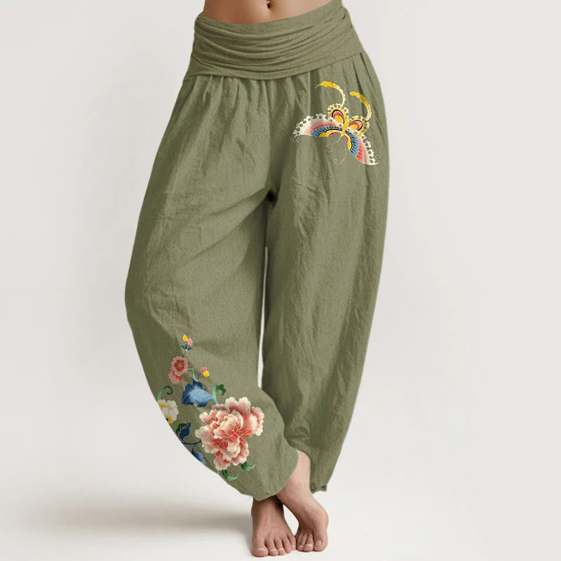 Buddha Stones Cotton Auspicious Peony Flower Butterfly Pattern Women's Elastic Waist Harem Pants