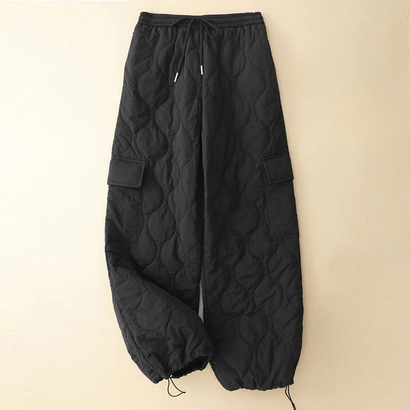 Buddha Stones Winter Curved Lines Elastic Waist Drawstring Cotton Thermal Women's Pants With Pockets