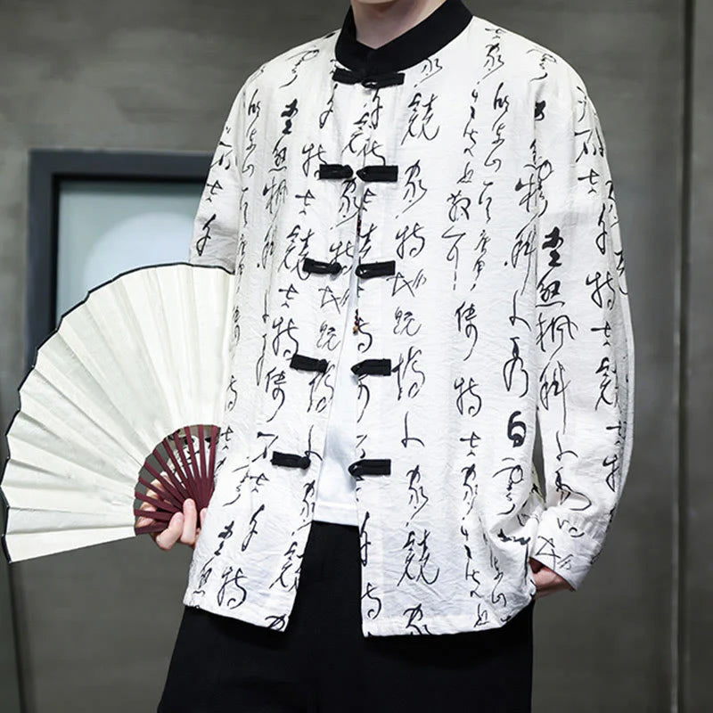 Buddha Stones Spring Fall Calligraphy Frog-Button Long Sleeve Men's Jacket