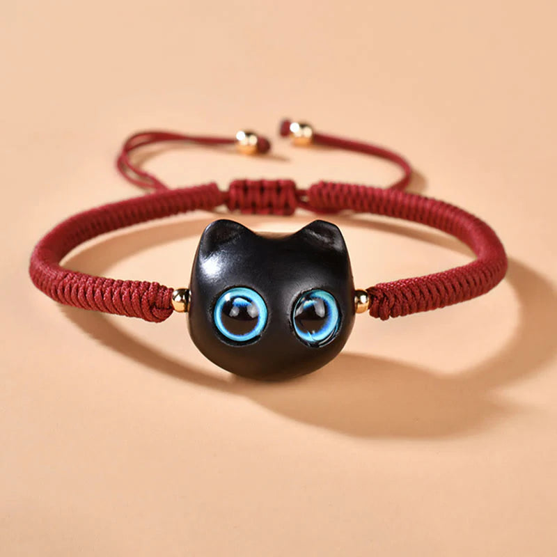 Buddha Stones Ebony Wood Cat Head Pattern Peace King Kong Knot Braided Bracelet