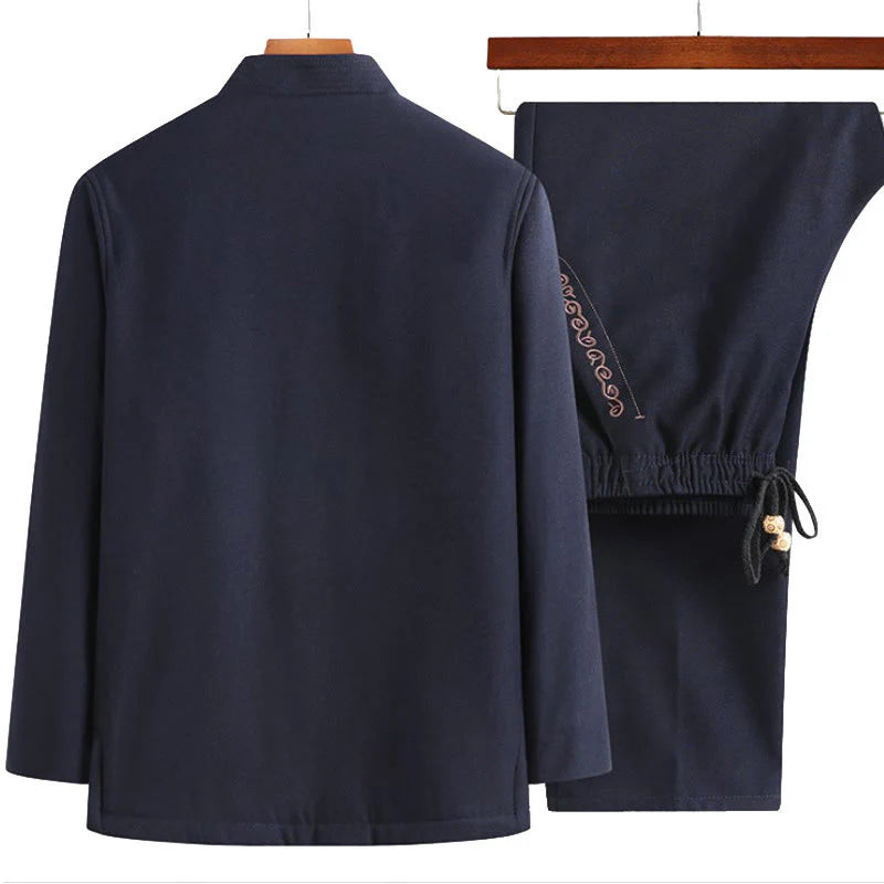 Buddha Stones Fu Character Embroidery Tang Suit Frog-Button Men's Long Sleeve Jacket Shirt Pants