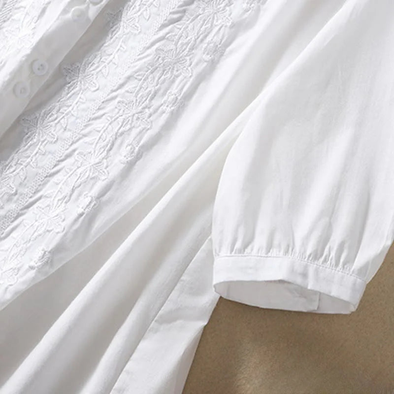 Buddha Stones Summer Plain Button Embroidery Flower Pattern Three Quarter Sleeve Lapel Cotton Linen Women's Shirt