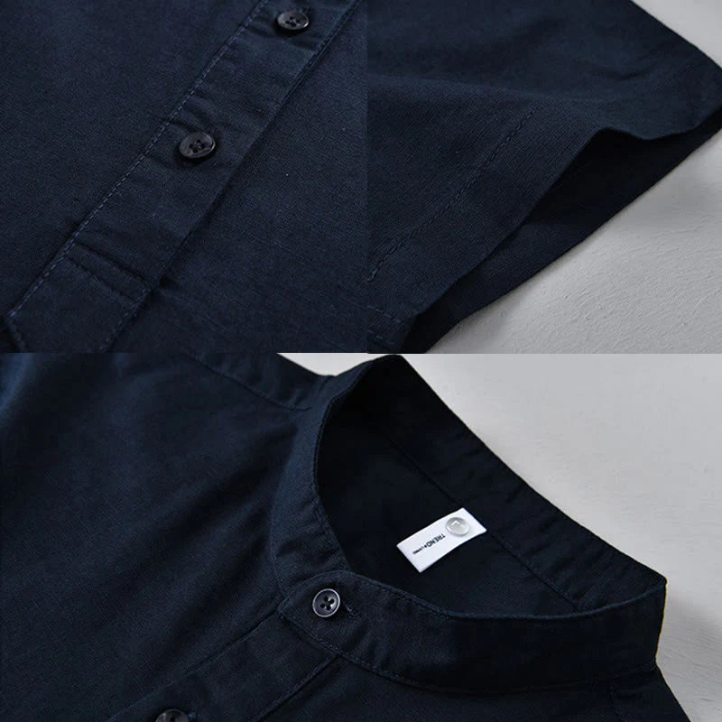 Buddha Stones Summer Solid Color Men's Half Button Short Sleeve Cotton Linen Shirt