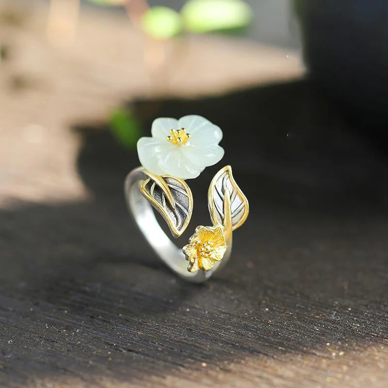 Buddha Stones 925 Silver Plated Copper White Jade Plum Flower Leaf Luck Ring