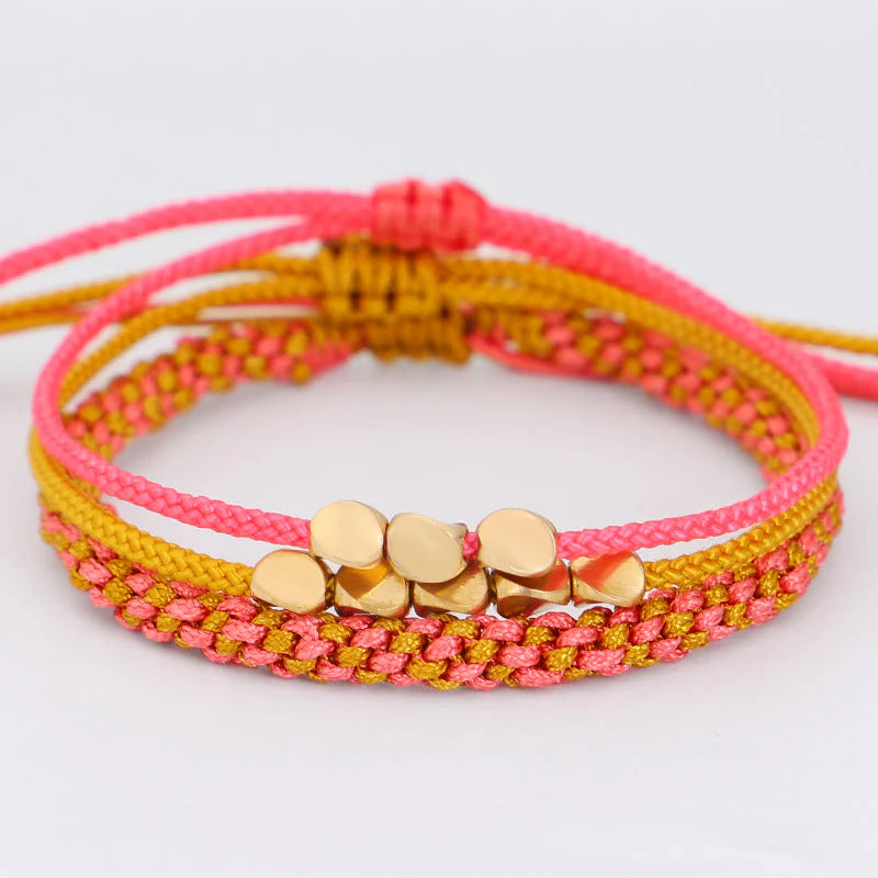 Buddha Stones 3Pcs Pink Yellow String Golden Copper Beads Wealth Bracelet